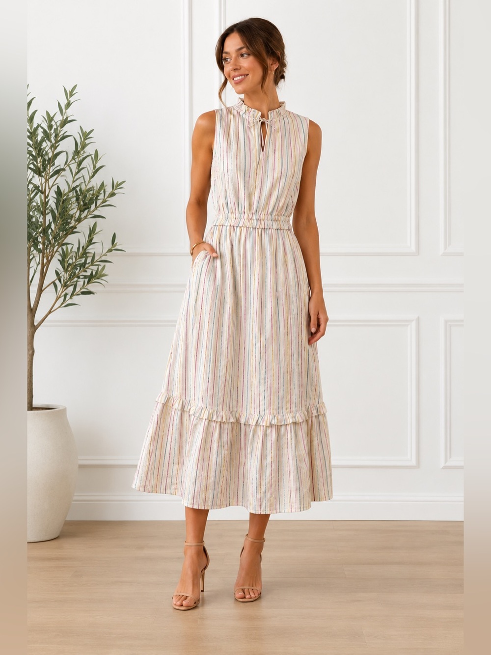 J. Crew Factory Sleeveless Cream Maxi Dress with Pastel Stripes